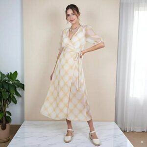 En Saison Window Pane Sheer Maxi Wrap Dress in Yellow Checker